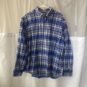 J Peterman heavyweight Portugese flannel shirt, blue and white plaid, Mens XL,